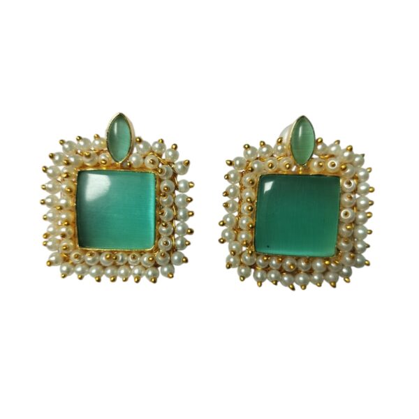 Brass Gold Plated Sea Green Monalisa Stone Studs With Pearl Lariya - Image 4