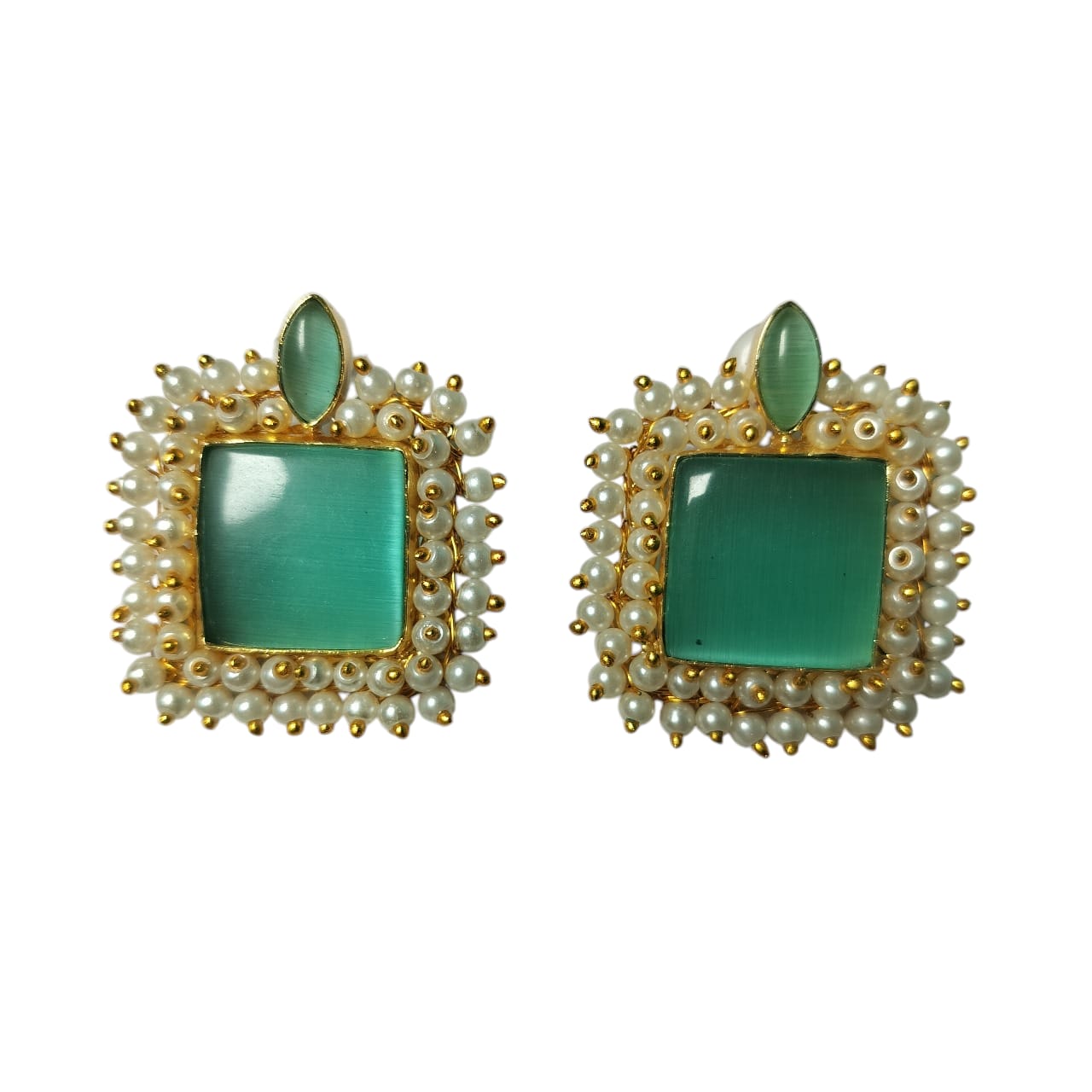 Brass Gold Plated Sea Green Monalisa Stone Studs With Pearl Lariya - Image 4