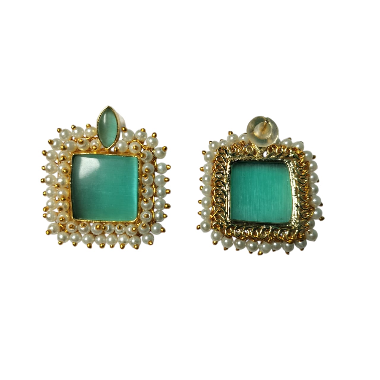 Brass Gold Plated Sea Green Monalisa Stone Studs With Pearl Lariya - Image 3