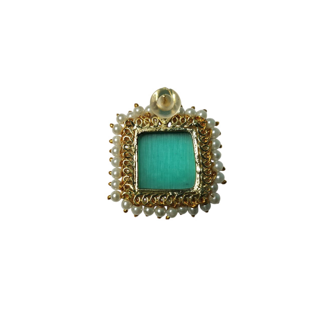 Brass Gold Plated Sea Green Monalisa Stone Studs With Pearl Lariya - Image 2