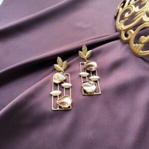 Brass Gold Plated Earrings with MOP and Leaf Accents