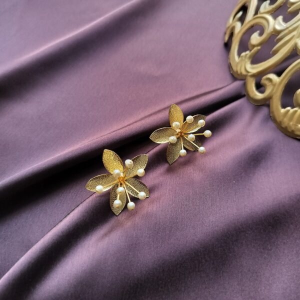 Luxe Brass Gold Plated Petal Studs With Pearls