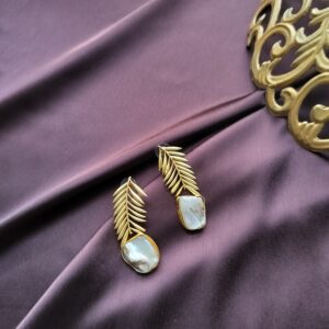 Opulent Leafy Gold Plated Brass Earrings With MOP