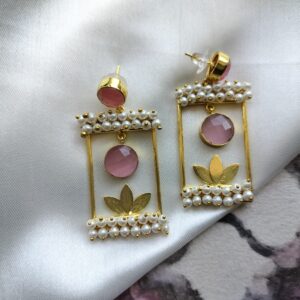 Brass Gold Plated Baby Pink Monalisa Stone Drop Earrings with Pearl Lariya