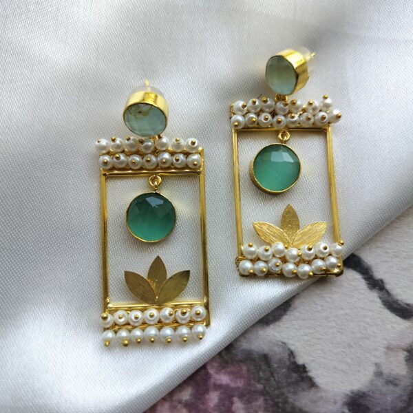 Brass Gold Plated Sea Green Monalisa Stone Drop Earrings with Pearl Lariya