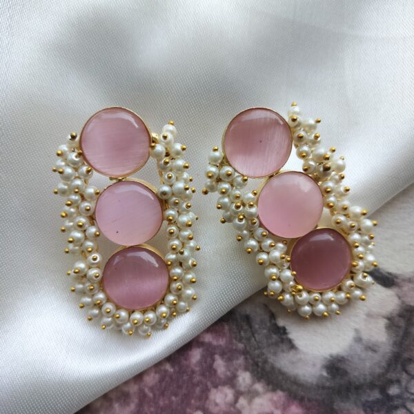 Brass Gold Plated Baby Pink Monalisa Stone Earrings with Pearl Lariya