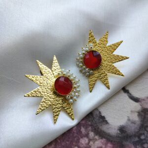 Brass Blush Gold Plated Ruby Red Monalisa Stone Earrings with Pearl Lariya