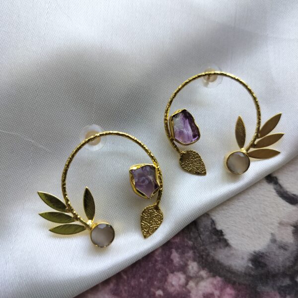 Gold-Plated Earrings featuring Purple Sugar Stones and Grey Monalisa Stone