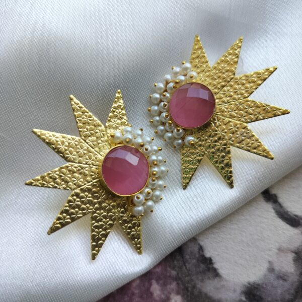 Brass Blush Gold Plated Baby Pink Monalisa Stone Earrings with Pearl Lariya