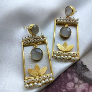 Brass Gold Plated Grey Monalisa Stone Drop Earrings with Pearl Lariya