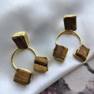 Gold Plated Brass Raw Stone Looking Like a Wooden Drop Earrings