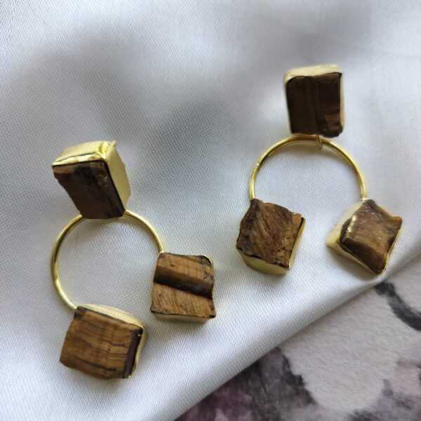 Gold Plated Brass Raw Stone Looking Like a Wooden Drop Earrings