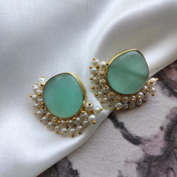 Gold Plated Green Monalisa Stone With Off White Pearl Lariya Earrings