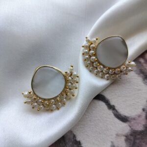 Gold Plated Grey Monalisa Stone With Off White Pearl Lariya Earrings