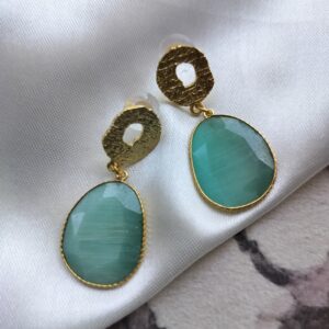 Monalisa Dusty Teal Green Gemstone Earrings in Brass Gold