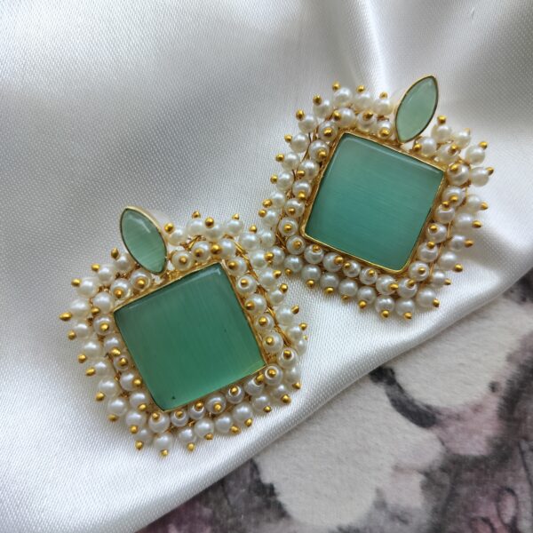 Brass Gold Plated Sea Green Monalisa Stone Studs With Pearl Lariya