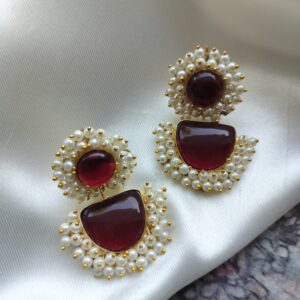 Brass Gold Plated Ruby Red Double Monalisa Stone Earrings with Pearl Lariya