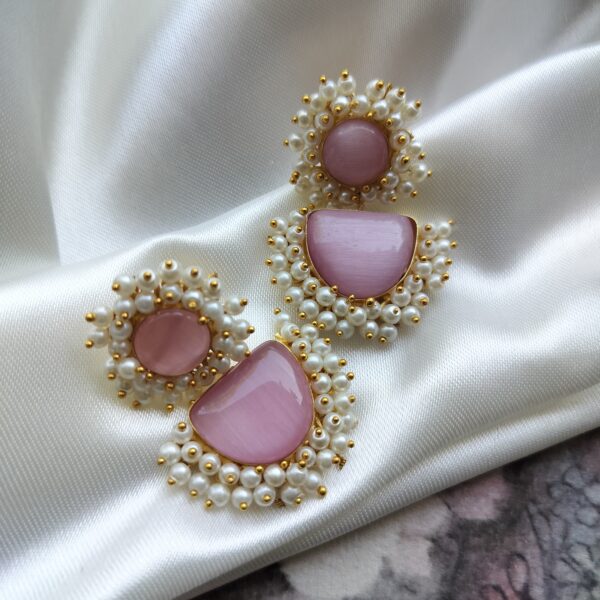 Brass Gold Plated Baby Pink Double Monalisa Stone Earrings with Pearl Lariya