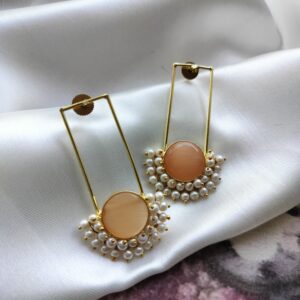 Brass Gold Plated Peach Monalisa Stone and Pearl Lariya Earrings