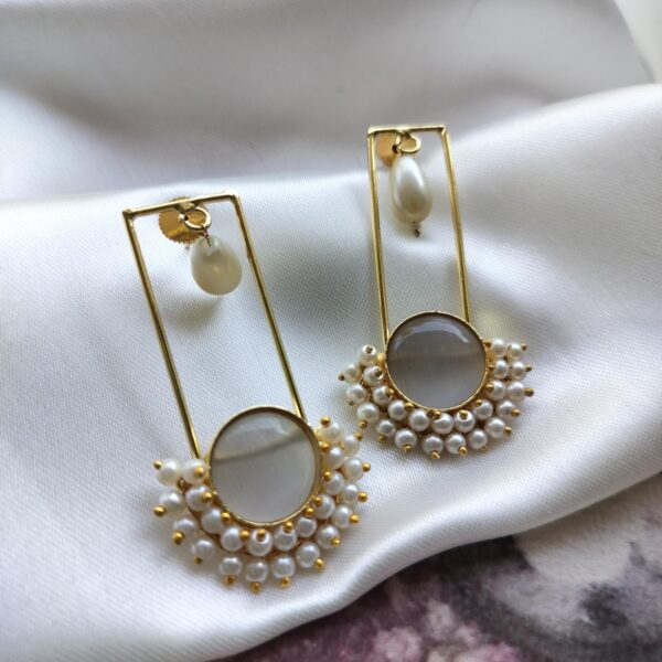 Brass Gold Plated Pale Sky and Pearl Earrings