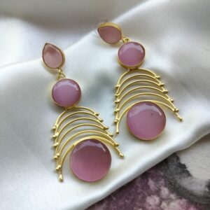 Brass Gold-Plated Earrings with Pink Monalisa Stone