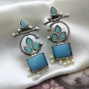 Oxidized Silver and Brass Earrings Featuring Turquoise Monalisa Stone and Pearl Dangles