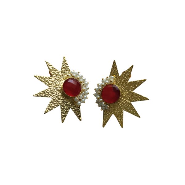 Gold Plated Brass Ruby Red Earrings With Monalisa Stone - Image 3