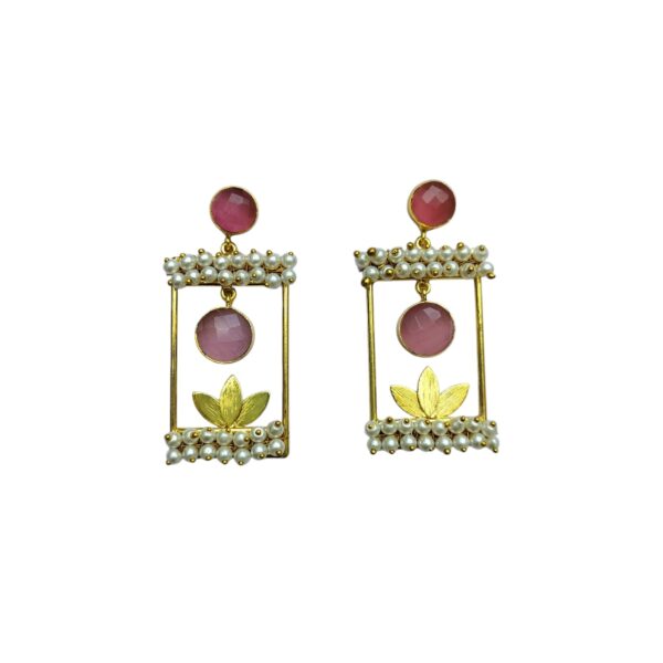 Brass Mountbatten Pink Stone Dangles with Pearl Bandhani - Image 3