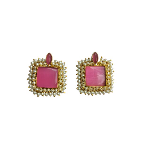 Gold Plated Baby Pink Monalisa Studs With Pearl Lariya - Image 3