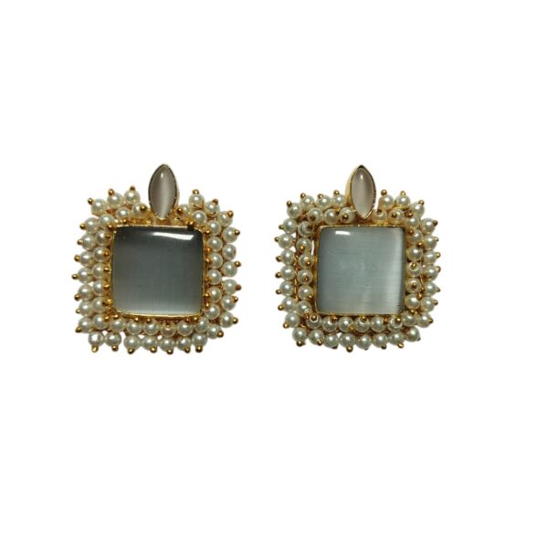 Brass Gold Plated Grey Monalisa Stone Studs With Pearl Lariya - Image 3