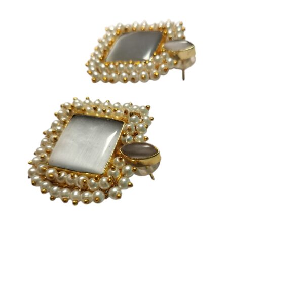 Brass Gold Plated Grey Monalisa Stone Studs With Pearl Lariya - Image 2