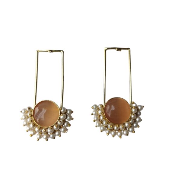 Brass Gold Plated Peach Monalisa Stone and Pearl Lariya Earrings - Image 3