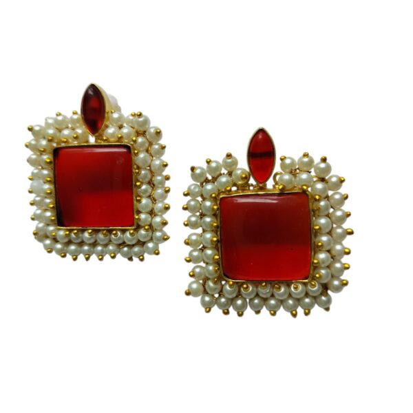 Gold Plated Radiant Ruby Monalisa Stone Studs - Image 3