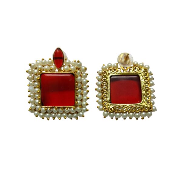 Gold Plated Radiant Ruby Monalisa Stone Studs - Image 2