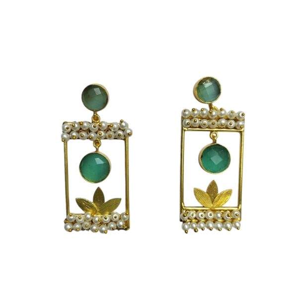 Gold Plated Sea Green Dangles with Pearl Bandhani - Image 3