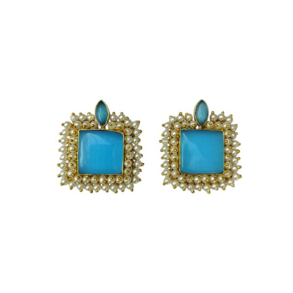 Gold Plated Sky Blue Studs With Pearl Lariya - Image 3