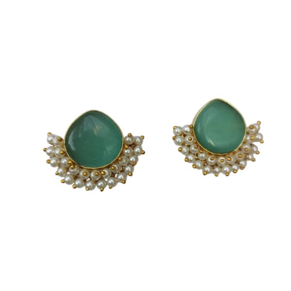 Gold Plated Faded Jade Monalisa Stone Earrings - Image 3