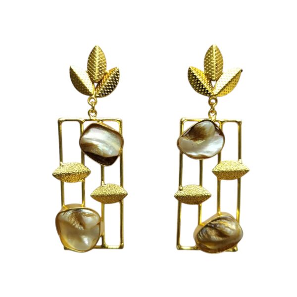 Gold Plated Leaf Earrings with MOP - Image 3