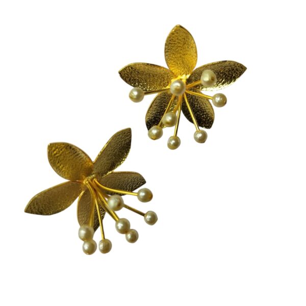 Luxe Brass Gold Plated Petal Studs With Pearls - Image 3