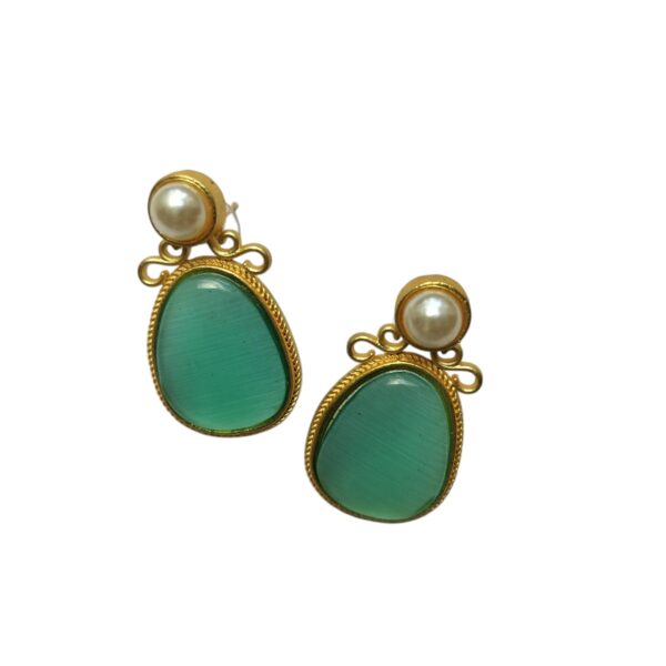 Radiant Gold Plated Brass Mint Green Monalisa Earrings With Pearl - Image 3