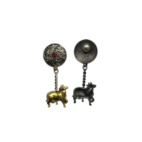 Brass Dual Tone Bull Charm Hanging Earrings With Small Pink Stone - Image 3