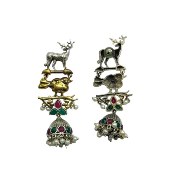 Brass Dual Tone Deer Bird Motif With Jhumki Earrings - Image 3