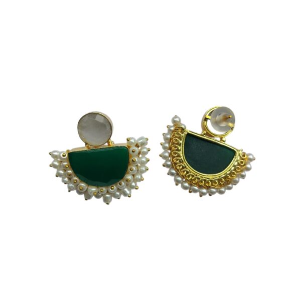 Gold Plated Brass Green Stone Studs With Pearl Bandhani - Image 3