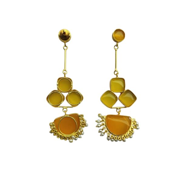 Gold Plated Brass Yellow Stone Long Earrings With Pearl Bandhani - Image 3