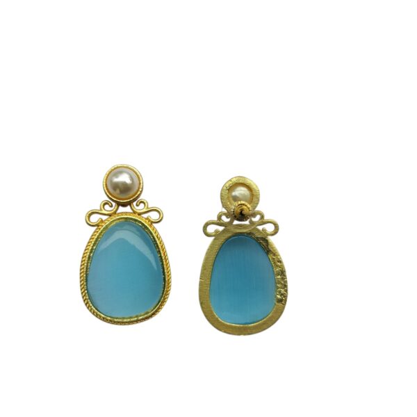 Gold Plated Brass Blue Monalisa Earrings With Pearl - Image 3