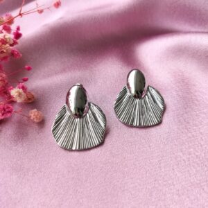 Silver Noor Shell Studs front view – elegant rhodium-plated earrings