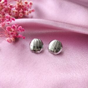 Front view of Silver Zen Orb Stud earrings showing hand-drum shape