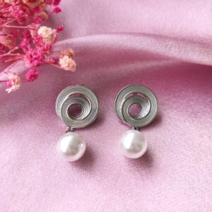 Front view of Twilight Swirl Pearl Stud earrings showing spiral disc and pearl