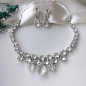 Clear Glass Stone Teardrop Statement Necklace and Earrings Set Front View