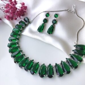 Emerald Green Glass Stone Statement Teardrop Necklace and Earrings Set Front View